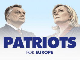 Logo de Patriotas por Europa junto a ilustraciones de Marine Le Pen y Viktor Orbán.