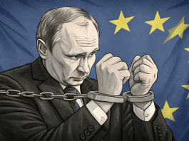 Una hipotética ilustración que muestra al presidente de Rusia, Vladímir Putin, esposado después de ser condenado por el Tribunal Especial para el crimen de agresión contra Ucrania.